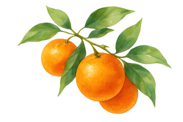 Ripe oranges growing on green leafy citrus branch, fresh watercolour illustration for health, food, and fruit designs