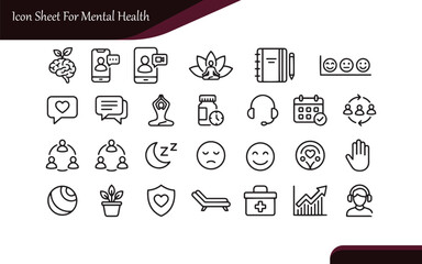Mental Health & Wellness Line Icons | Therapy, Meditation, Stress, Self-Care Vector Set
