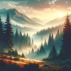 Misty Mountain Forest Sunrise Landscape with Pine Trees and Golden Light.