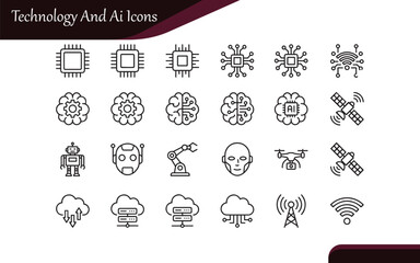 Artificial Intelligence & Technology Line Icons | AI, Robotics, CPU, Cloud Computing Vector Set