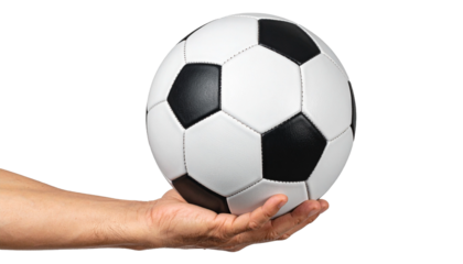 Close-up shot of a hand holding a classic black and white soccer ball, ready for play