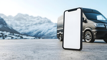 A smartphone with a white screen mockup stands next to a black delivery van against a backdrop of snow-capped mountains – a creative concept for fast delivery