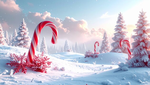 Snowy landscape with candy canes and trees during winter afternoon