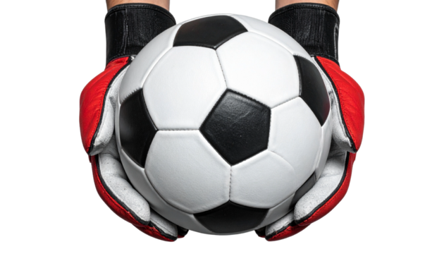 Goalkeeper's hands wearing red and black sports gloves securely catching a soccer ball - Powered by Adobe