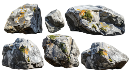 Collection of diverse natural grey rocks with moss, isolated on white background for design assets