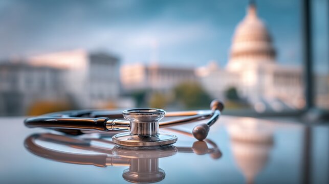 Stethoscope with Capitol Hill background suggests US healthcare policy