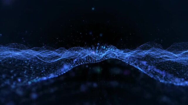 Abstract dark image with wavy, glowing blue particle lines