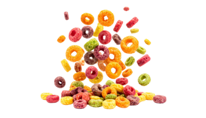 Colorful cereal rings falling, isolated on white, perfect for breakfast or food concepts