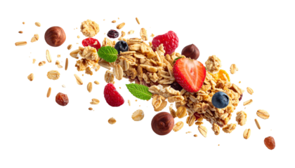 Granola Explosion A Burst of Flavor with Berries, Nuts, and Oats Isolated on White