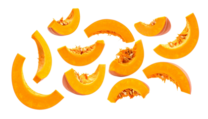 Nutritious and Colorful Raw Pumpkin Slices Artfully Scattered for Seasonal Dishes and Recipes