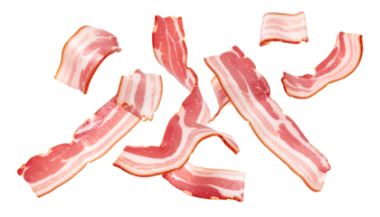 Falling Bacon Slices Crispy Streaks Isolated on White Background for Culinary Designs