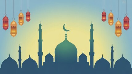 Mosque silhouette with crescent moon and hanging lanterns in soft light scene