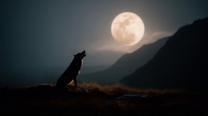 A lone wolf stands on a rocky outcrop, howling towards the glowing full moon. The serene night sky is filled with stars, creating a mystical atmosphere in the mountains