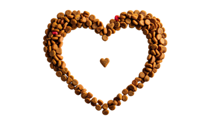 Heart Shaped Dog Food Kibble Displayed on a White Background with a Small Heart in the Center