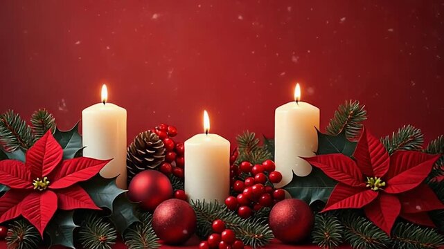 velas navide&ntilde;as encendidas rodeadas de ramas de pino, acebo, esferas rojas y flores de pascua, todo sobre un fondo rojo c&aacute;lido y festivo.