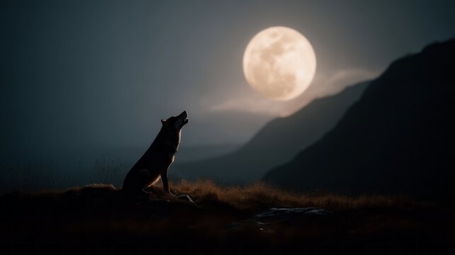 A lone wolf stands on a rocky outcrop, howling towards the glowing full moon. The serene night sky is filled with stars, creating a mystical atmosphere in the mountains - Powered by Adobe