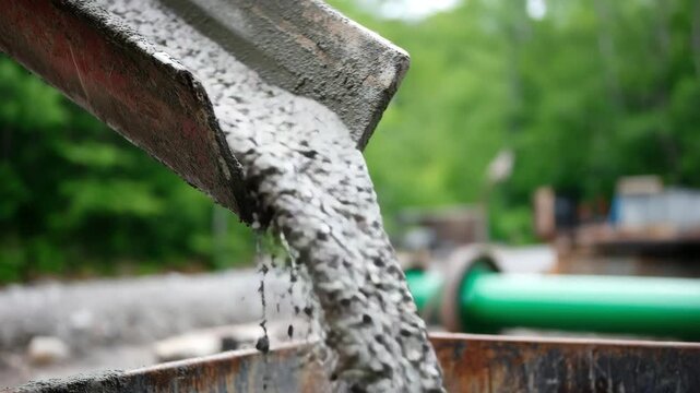 Close Up of Fresh Concrete Pouring From a Red Chute with Blurred Green Trees in the Background