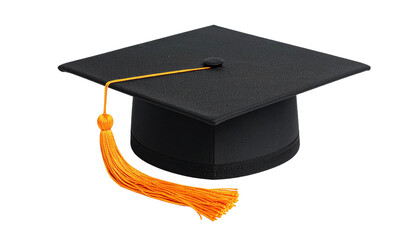 Black academic mortarboard graduation cap with a bright orange tassel isolated on a white background