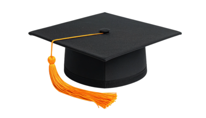 Black academic mortarboard graduation cap with a bright orange tassel isolated on a white background