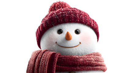 Snowman with red hat and scarf smiling warmly isolated on white background