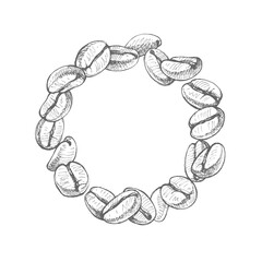 coffee beans arranged in a circle, hand drawn
