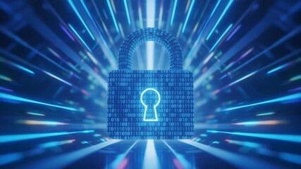 Glowing digital security padlock rendered with binary code representing data encryption privacy and secure modern technology infrastructure over blue light trails - Powered by Adobe
