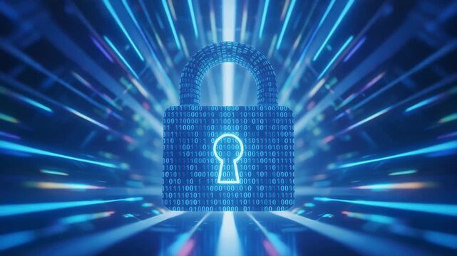 Glowing digital security padlock rendered with binary code representing data encryption privacy and secure modern technology infrastructure over blue light trails