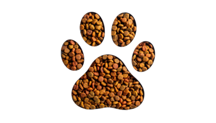 A paw print shape filled with dry kibble pet food as a symbol for animal nutrition isolated on white