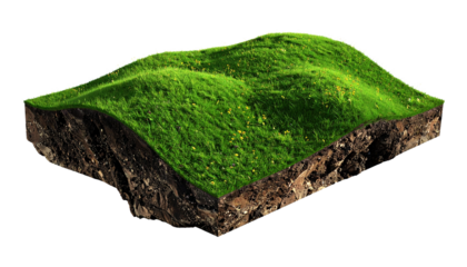 Green grassy hill with soil cross-section and flowers, isolated on white background