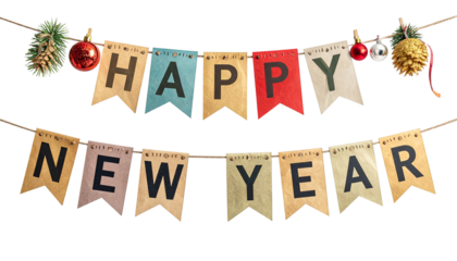 Vintage style Happy New Year flag garland with holiday ornaments isolated on a white background