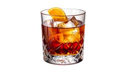 A Delicious Old Fashioned Cocktail with Ice and Orange Garnish on a White Background