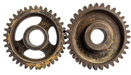 Two old rusty gears meshed together isolated on a white background, symbolizing teamwork