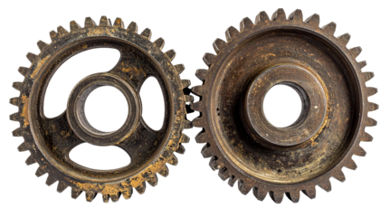 Two old rusty gears meshed together isolated on a white background, symbolizing teamwork