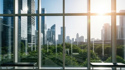 Modern city skyline with green trees seen through a large office window
