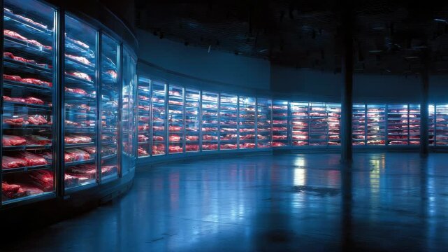 Indoor Installation With Rows of Glass Shelves Filled with Red Objects Under Blue Lighting and Concrete Floor