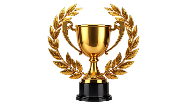 Golden trophy with laurel wreath, symbol of victory, success, achievement, and championship