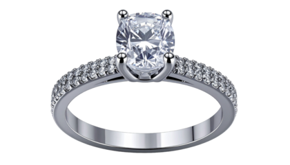 Exquisite silver-toned engagement ring showcasing a brilliant cushion-cut diamond solitaire, isolated on white