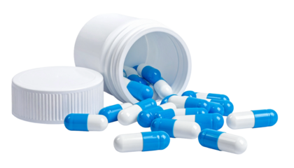 Blue and White Capsules Spill from Pill Bottle - Medication and Health Care