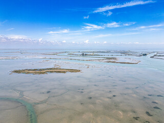 aerial view island in the natural park in the north of italy, lagoon, friuli venezia giulia, italy