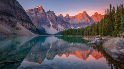 Scenic view of moraine lake reflecting mountains and trees at sunrise in banff national park