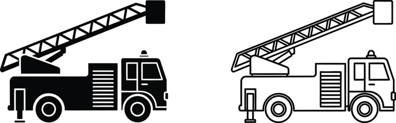 Fire truck illustration in black and white outline style