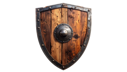 Authentic medieval wooden shield with sturdy metal frame and boss, ancient defense symbol isolated on white background