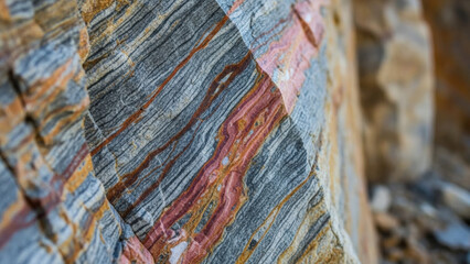 Geological patterns in mineral veined quarry wall showcasing vibrant colors and textures. This mineral veined quarry wall features intricate geological striations and rich colors in various shades.