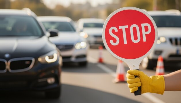 A traffic controller holds a "STOP" sign, directing vehicles on a busy road with cars lining up in the background.
