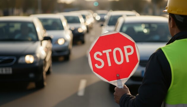 A traffic controller holds a stop sign as cars wait on a busy road, ensuring safety and traffic management in the area.