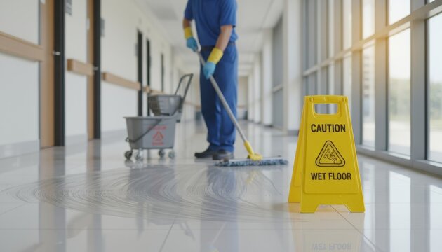 A cleaner mops a shiny floor in a hallway, with a "Caution: Wet Floor" sign indicating safety.