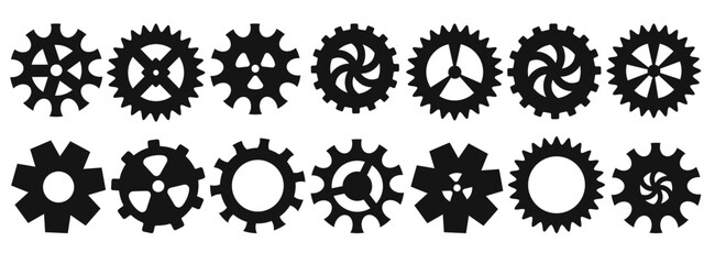 Gears and cogwheels icons collection. Black silhouettes of wheels and cogs for mechanical or technical design. Engineering theme. Vector illustration.