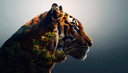 World Wildlife Day scene, global biodiversity a majestic wild animal tiger in its natural habitat, lush greenery, warm natural light. Nature protection, beauty of wildlife. Abstract.