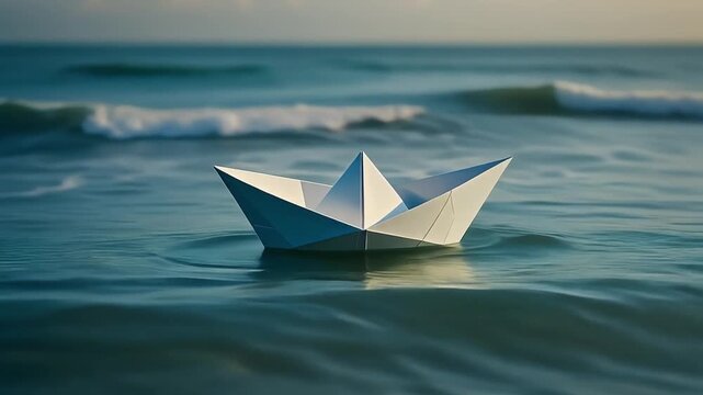 紙の船が柔らかな波間で脆さと前向きな力強さを象徴する情景