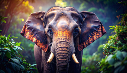 World Wildlife Day scene, global biodiversity a majestic wild animal elephant in its natural habitat, lush greenery, warm natural light. Nature protection, beauty of wildlife.